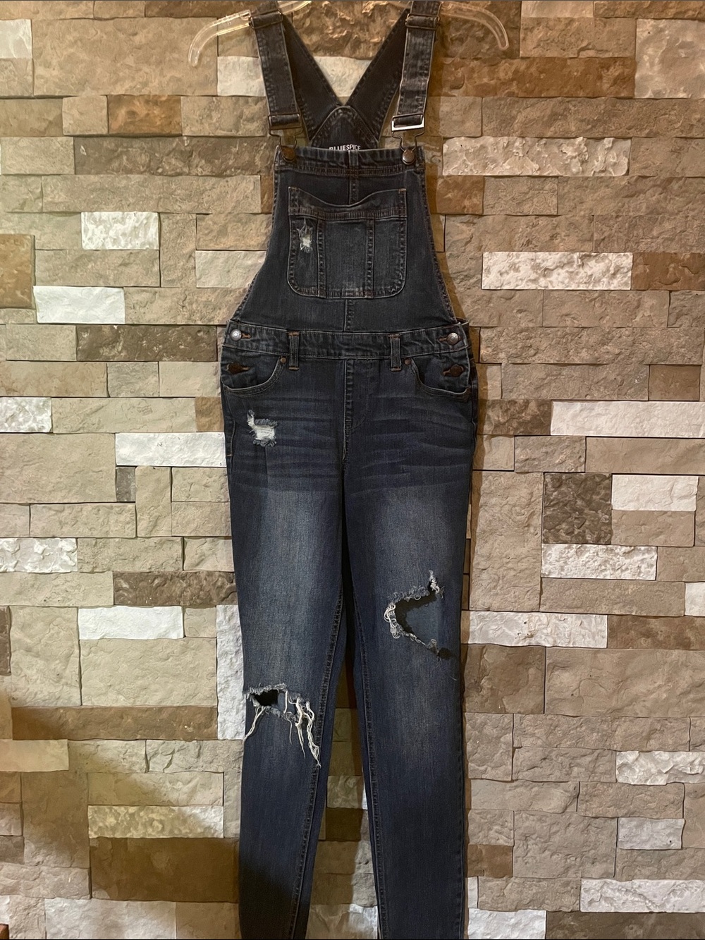 BLUE SPICE Dark Wash Distressed Denim Overalls Sz Juniors 3